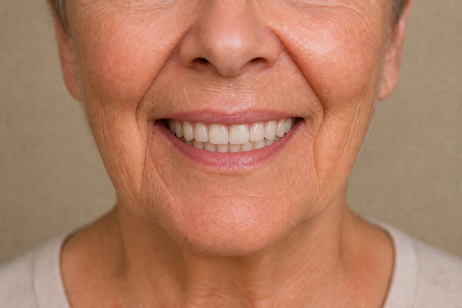 The same illustrative fictional older adult with completed dentures