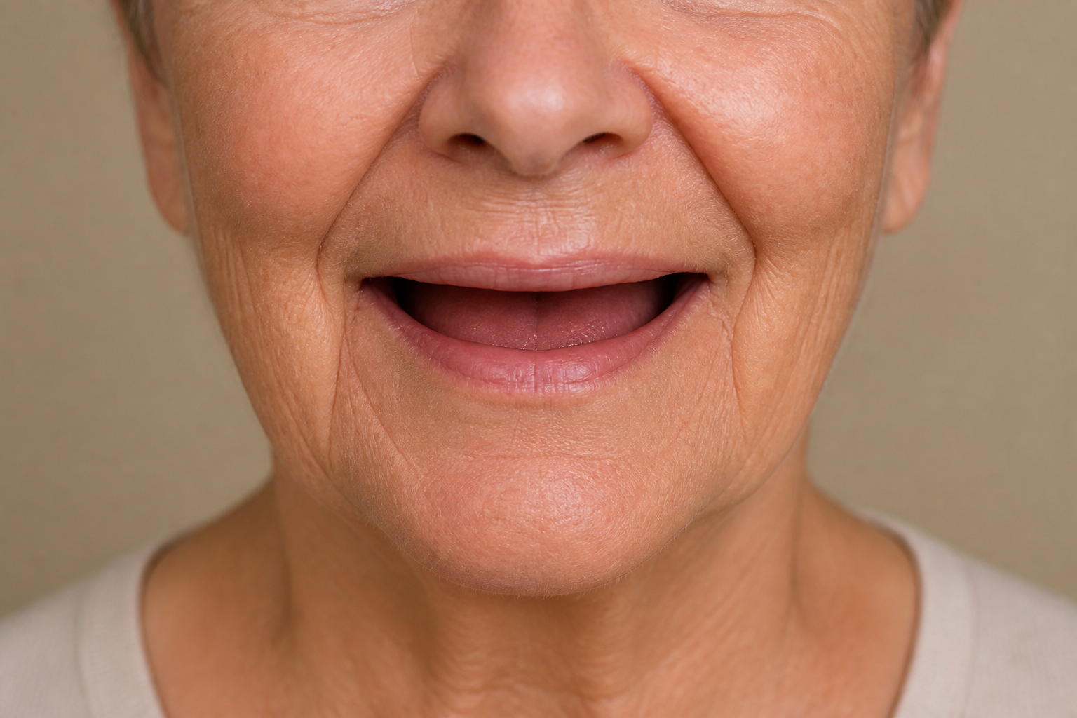 Illustrative fictional older adult with a relaxed edentulous smile